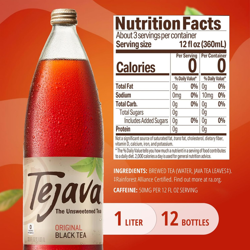 Tejava Black Iced Tea, Original Unsweetened, 12 Pack, 1L Glass Bottles, No Sugar
