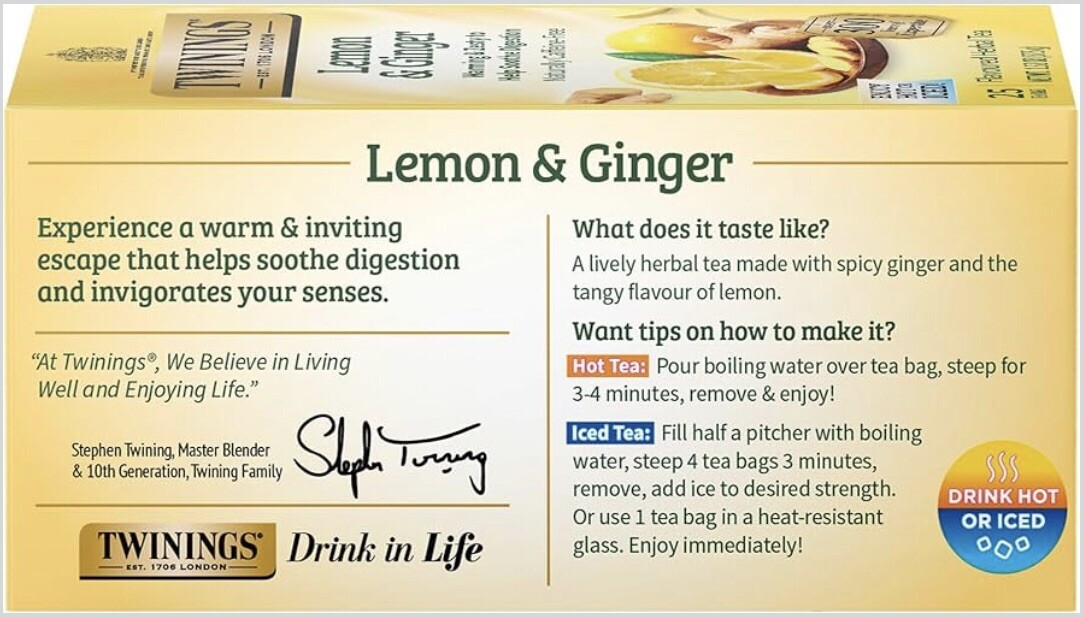 4 Box Twinings Lemon & Ginger Herbal Tea 100 Bags Flavoured Herbal HOT / ICED