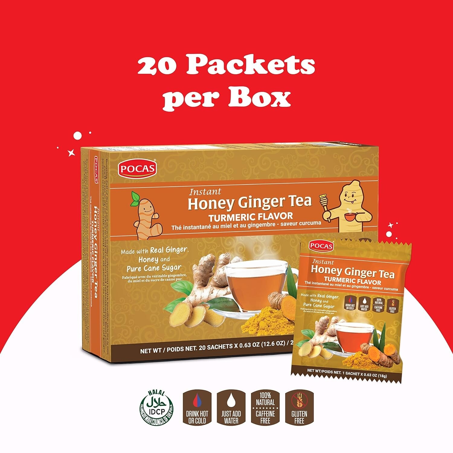 Pocas Honey Ginger Tea Turmeric Instant Non GMO Gluten Caffeine Free 20 Ct